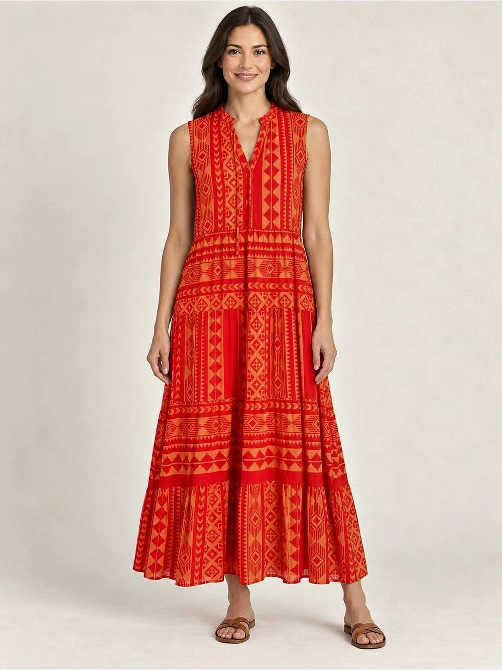 Mille Gabrielle Geometric Midi Dress in Red & Orange Size Medium Like New